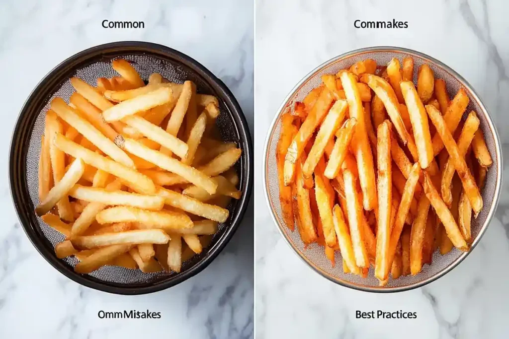 Overcrowded vs. properly spaced frozen fries in an air fryer	