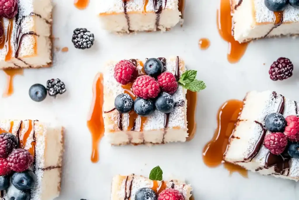 Angel food cake slices with different toppings	