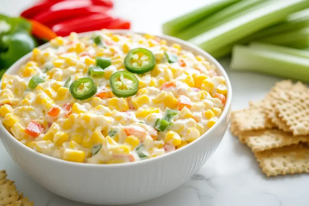 Cold corn dip with cream cheese served with crackers and veggies	