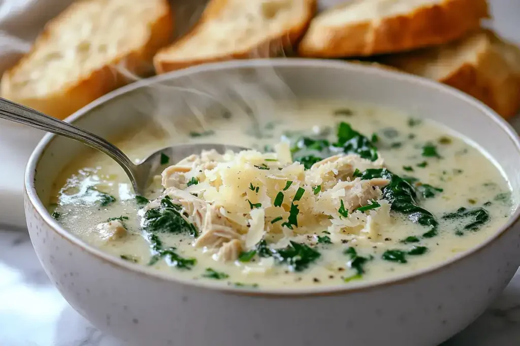 Chicken Florentine soup served with Parmesan and parsley	