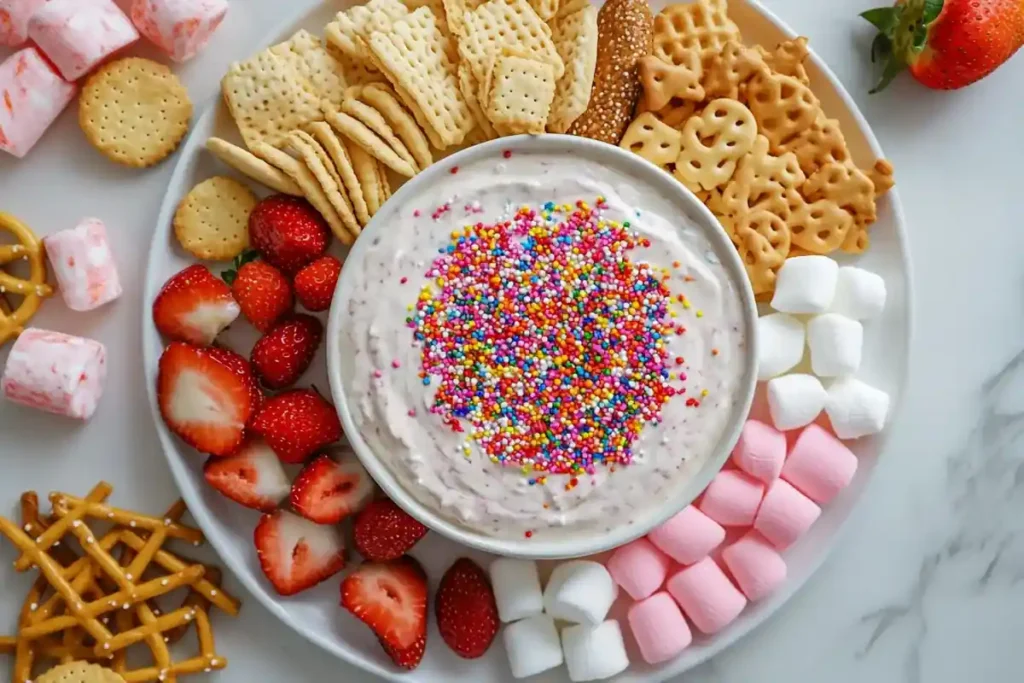 "A bowl of Dunkaroo Dip surrounded by dippers like vanilla wafers, animal crackers, strawberries, and marshmallows on a marble platter."

