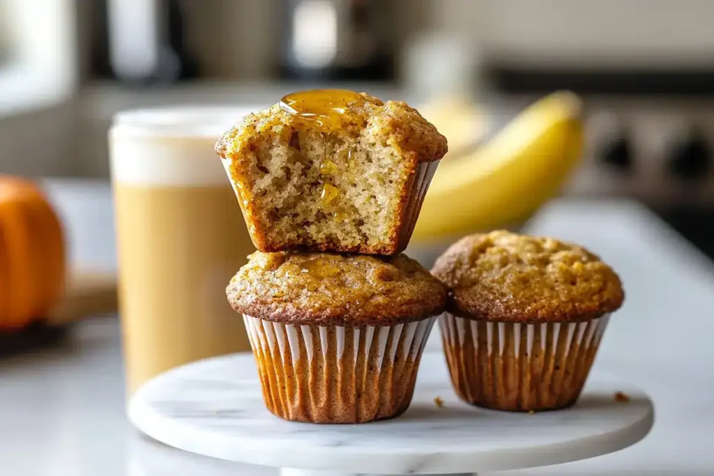 A stack of freshly baked Pumpkin Banana Muffins with honey drizzle