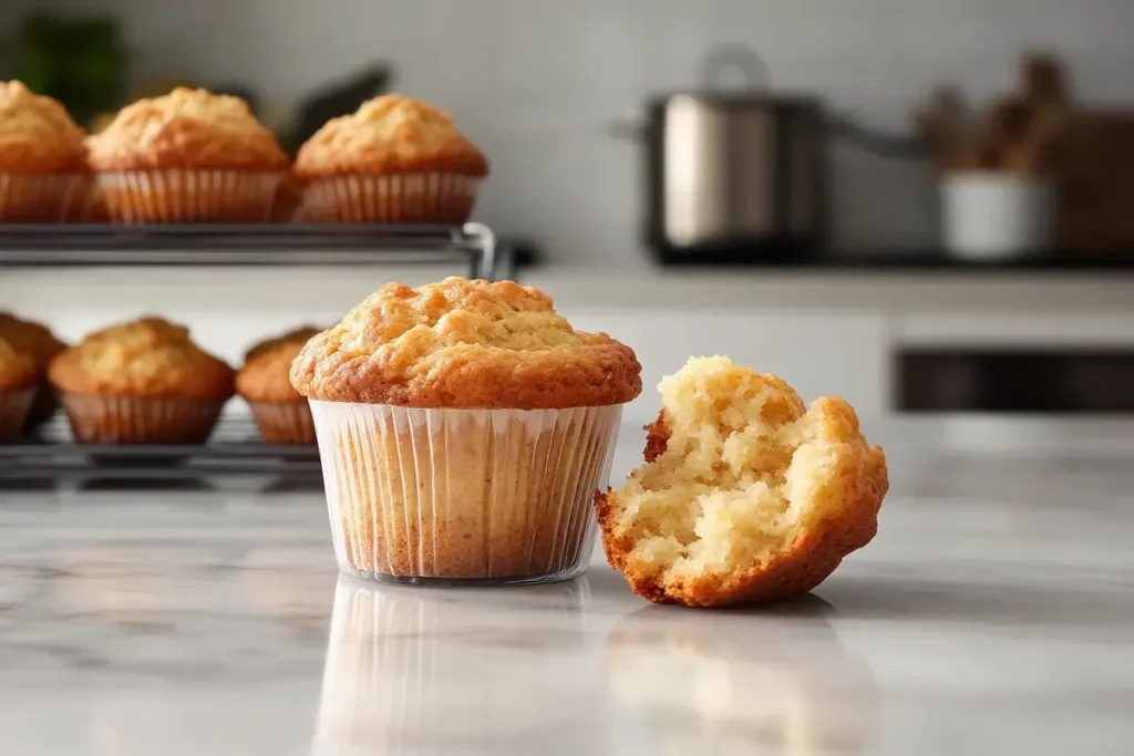 Muffins stored in an airtight glass container on a marble surface.