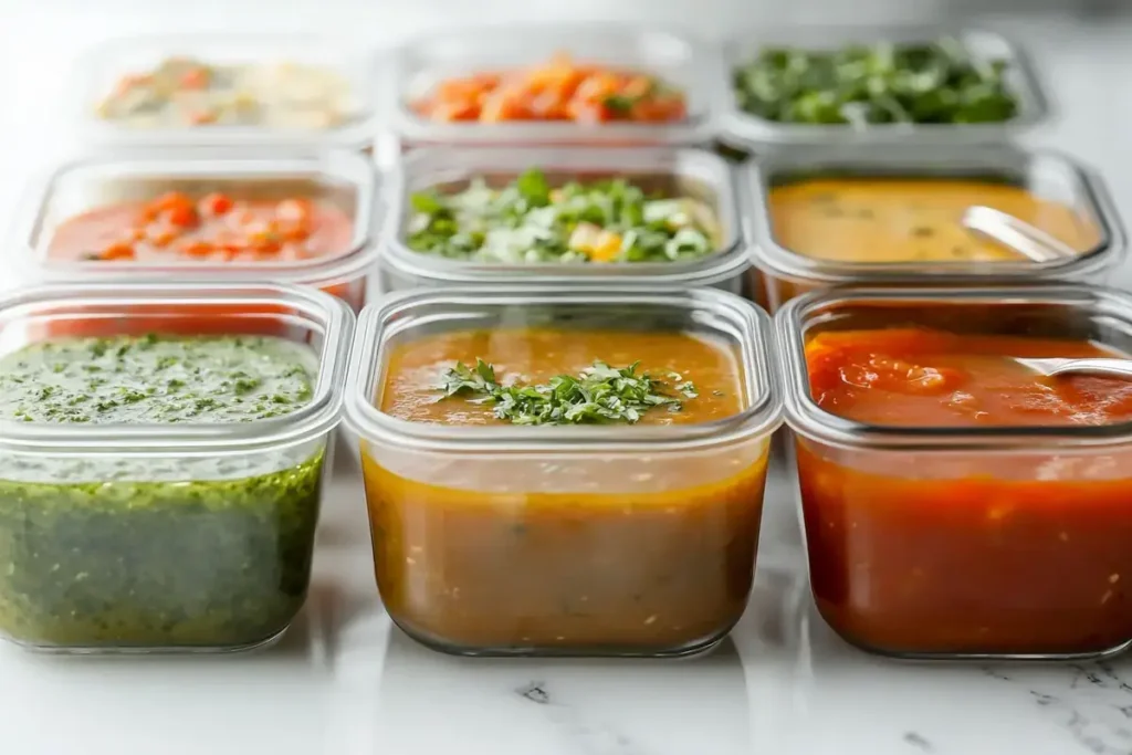 Meal-prepped soup stored in glass containers on a marble surface