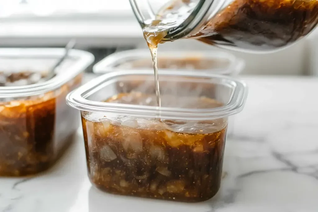 French onion soup stored in glass meal prep containers.