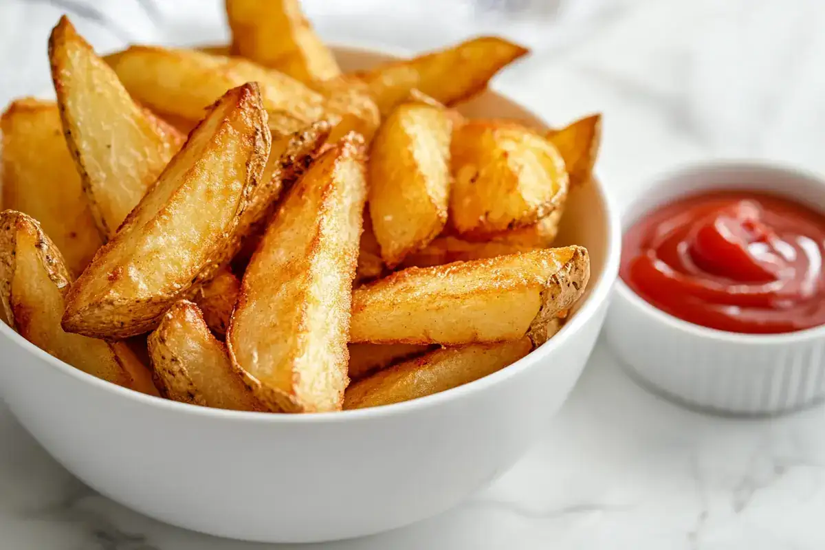 Crispy air-fried French fries served in a white bowl