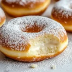 Vanilla creme donuts on white marble with a creamy filling.