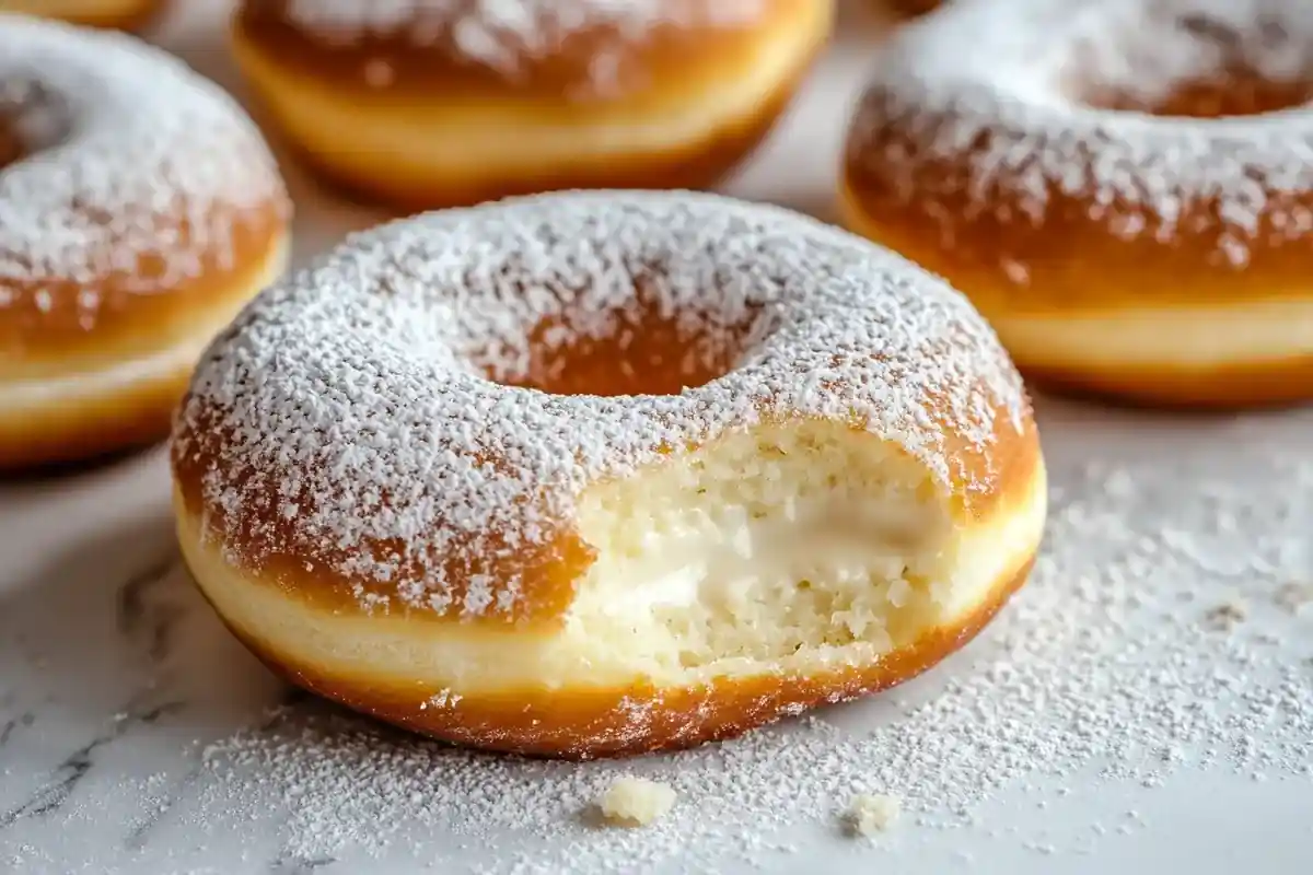 Vanilla creme donuts on white marble with a creamy filling.