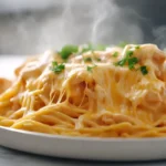 Crockpot chicken spaghetti with melted cheese and parsley