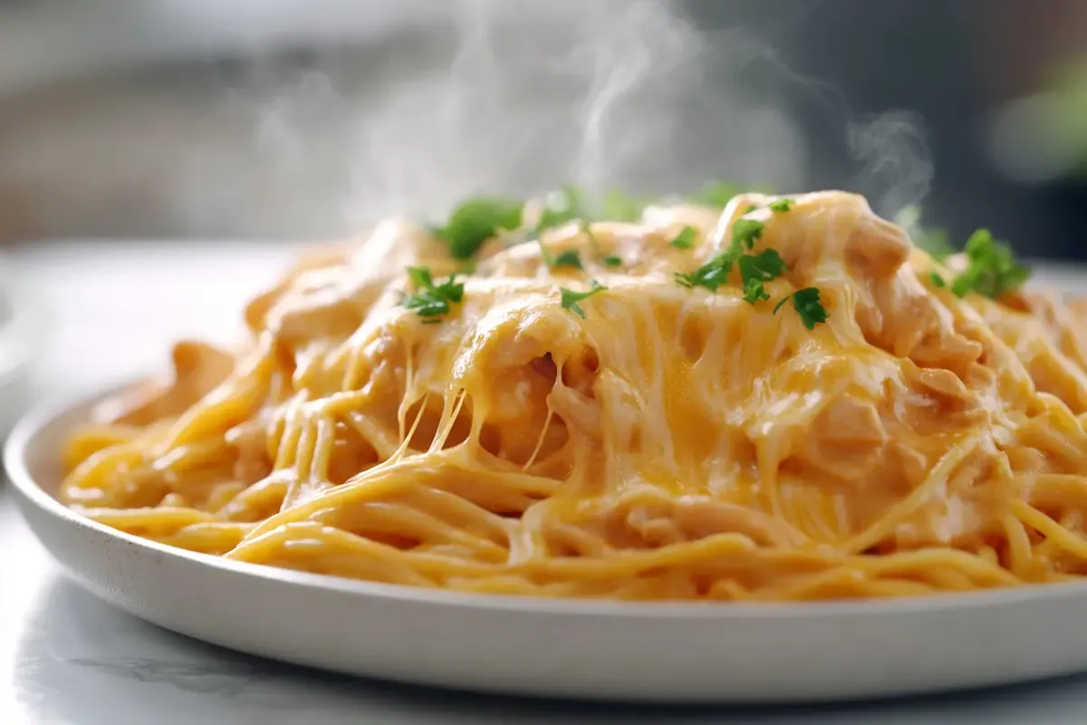 Crockpot chicken spaghetti with melted cheese and parsley