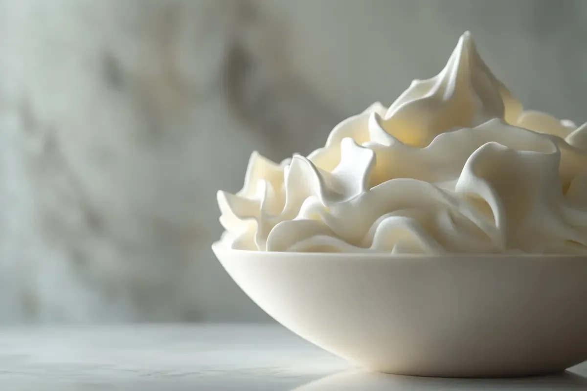 Freshly whipped crema Chantilly in a bowl on a marble surface.