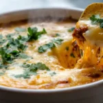 Spicy Chorizo Cheese Dip with melted cheese and tortilla chips.