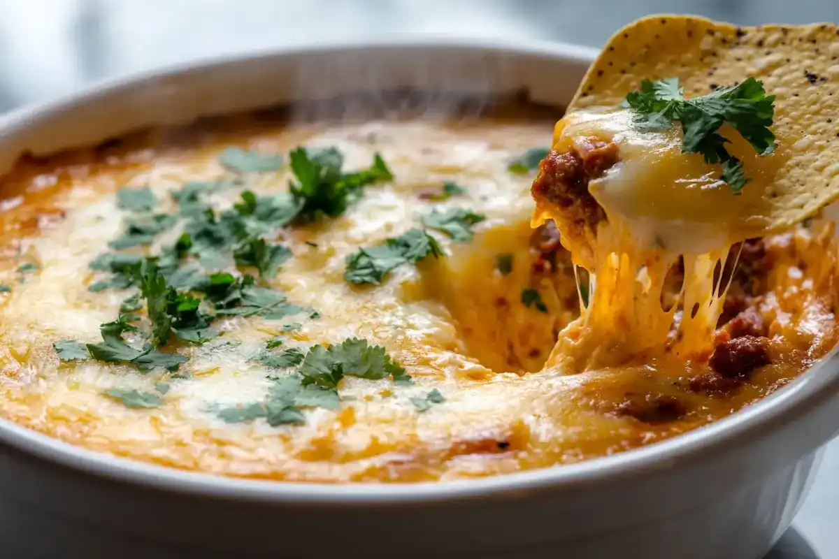 Spicy Chorizo Cheese Dip with melted cheese and tortilla chips.