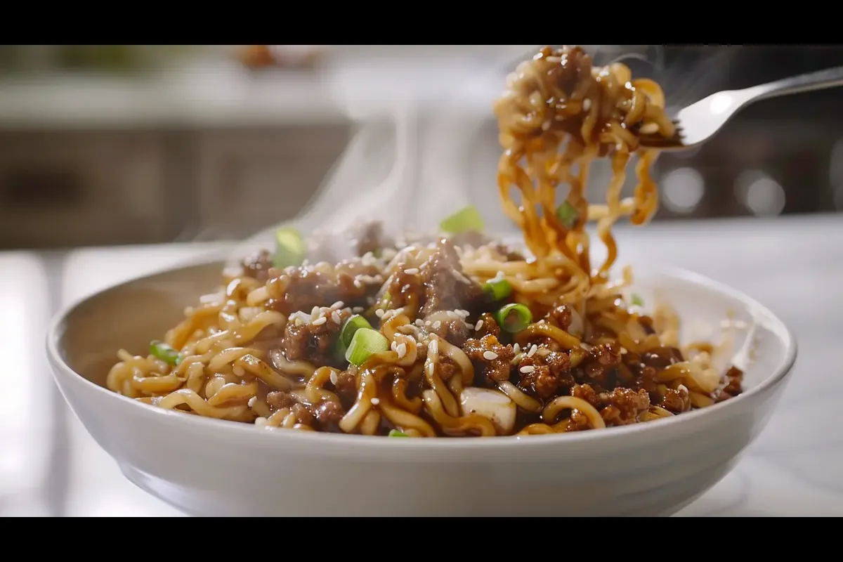 A bowl of Mongolian ground beef noodles with green onions and sesame seeds on a white marble background.