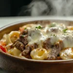 A bowl of Philly cheesesteak tortellini with melted provolone, steak, and peppers on a white marble surface.