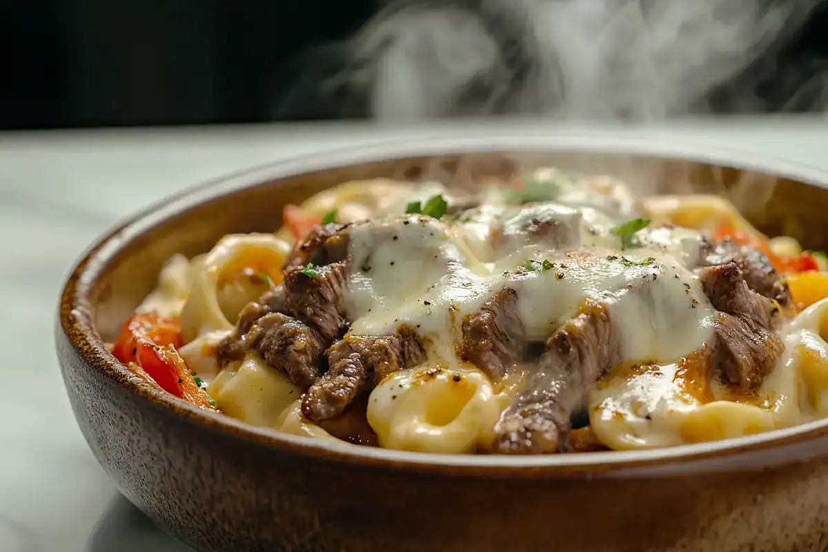 A bowl of Philly cheesesteak tortellini with melted provolone, steak, and peppers on a white marble surface.