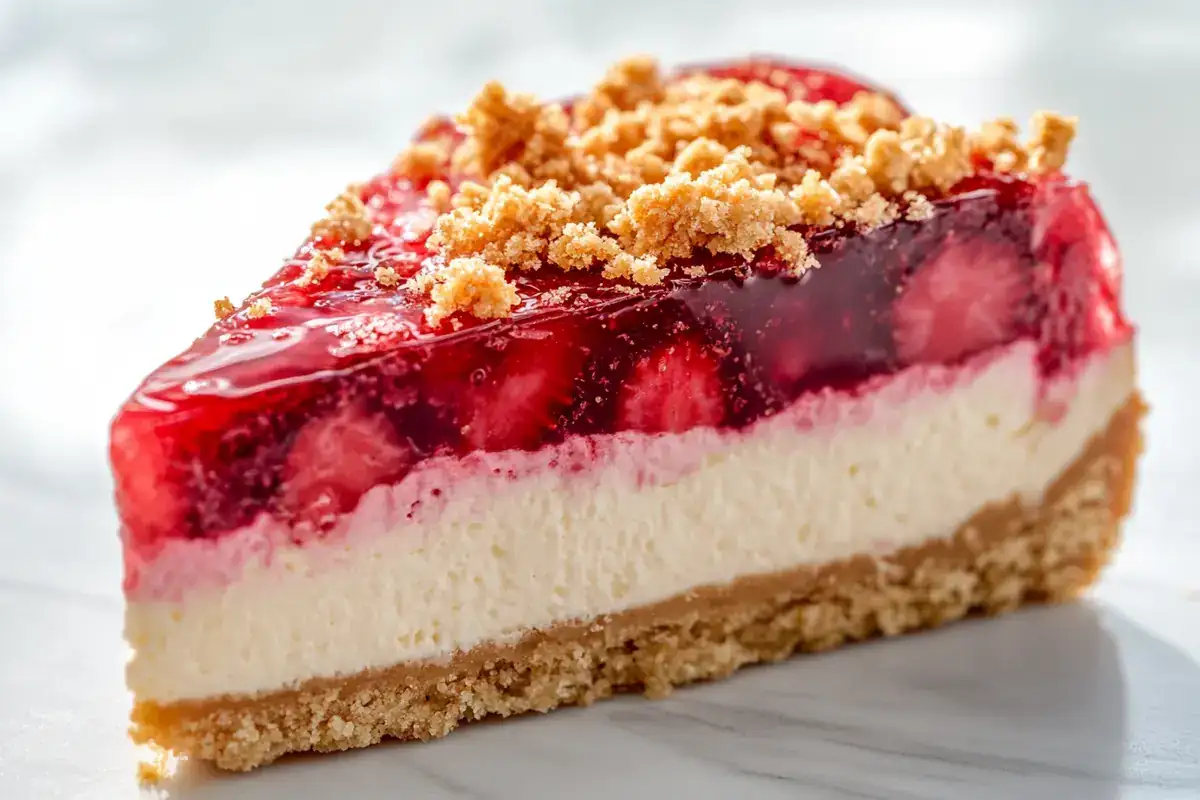 A slice of strawberry crunch cheesecake on a white marble countertop.