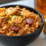 A bowl of classic jambalaya with chicken, sausage, and shrimp.