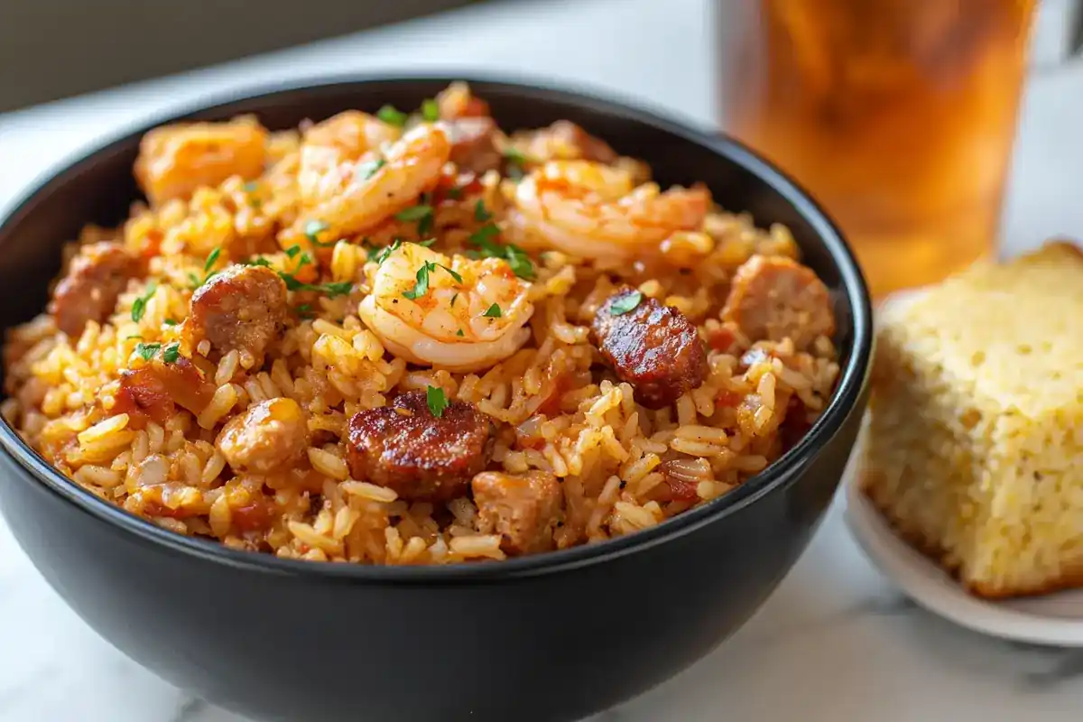 A bowl of classic jambalaya with chicken, sausage, and shrimp.