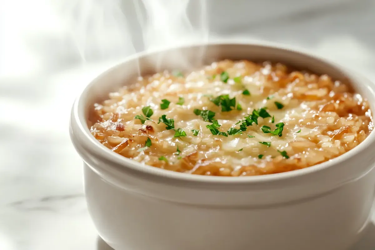 French Onion Rice served in a bowl