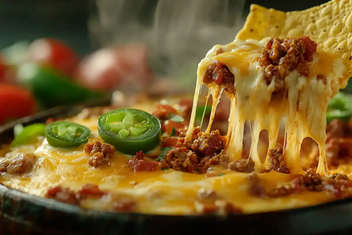 Creamy Chorizo Queso Dip in a bowl with tortilla chips