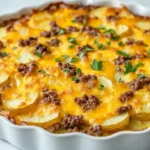 Cheesy hamburger potato casserole fresh out of the oven.