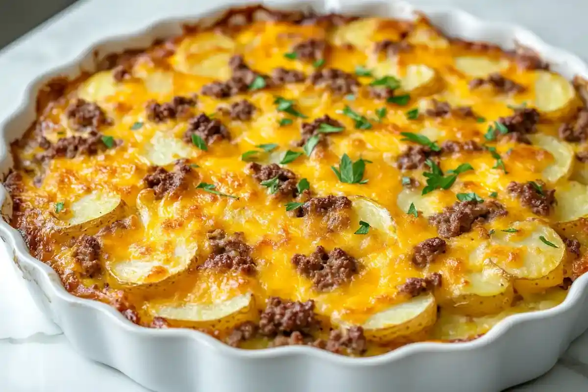 Cheesy hamburger potato casserole fresh out of the oven.