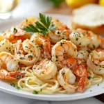 A plated serving of shrimp scampi with pasta and garlic butter sauce.