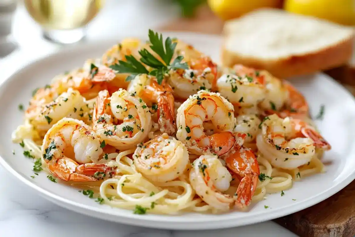 A plated serving of shrimp scampi with pasta and garlic butter sauce.