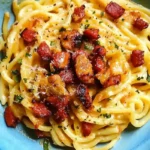 "Smoky Chorizo Pasta served on a white marble countertop with creamy sauce and crispy chorizo."