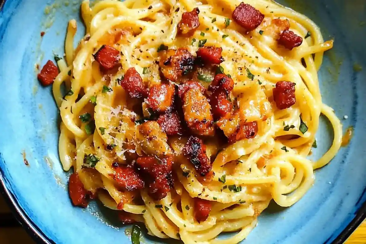 "Smoky Chorizo Pasta served on a white marble countertop with creamy sauce and crispy chorizo."