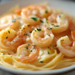 "Creamy shrimp scampi plated on white marble with Parmesan and fresh parsley."