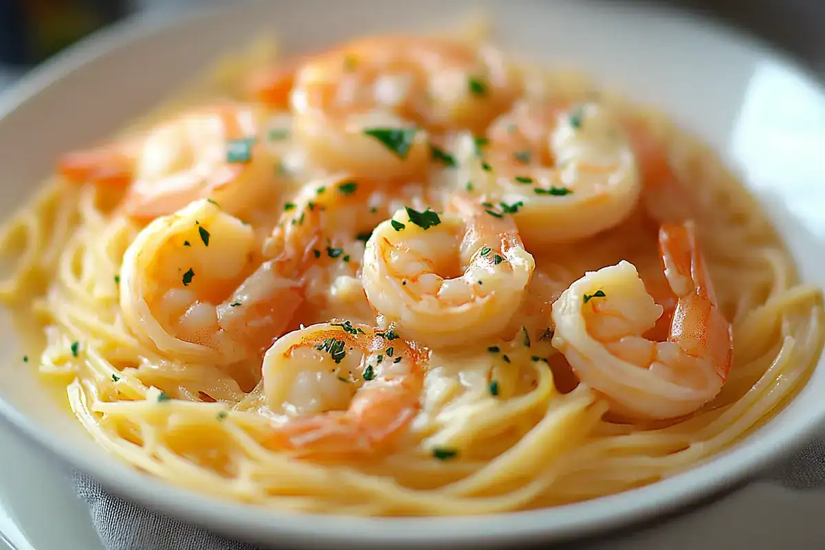 "Creamy shrimp scampi plated on white marble with Parmesan and fresh parsley."