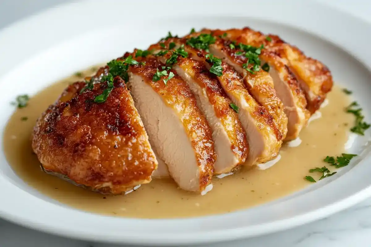 Chicken Christopher plated with garlic butter sauce on a white marble background.