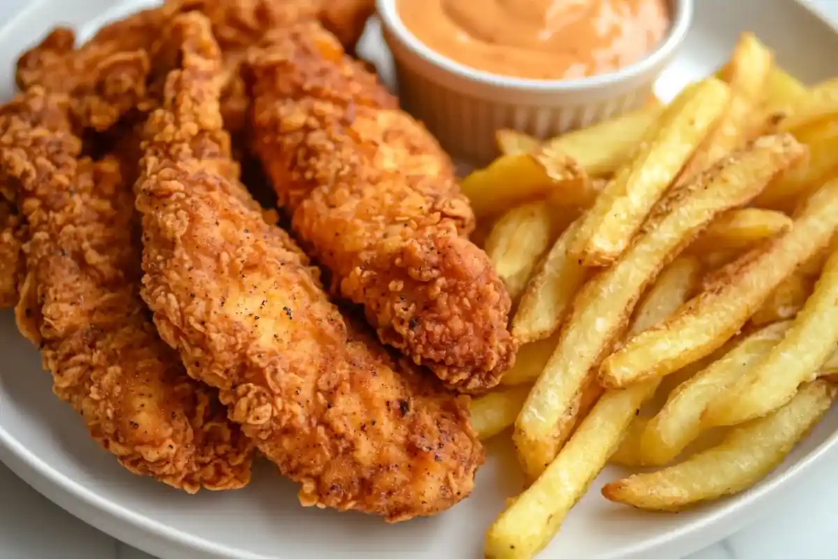 Crispy air-fried chicken tenders and French fries