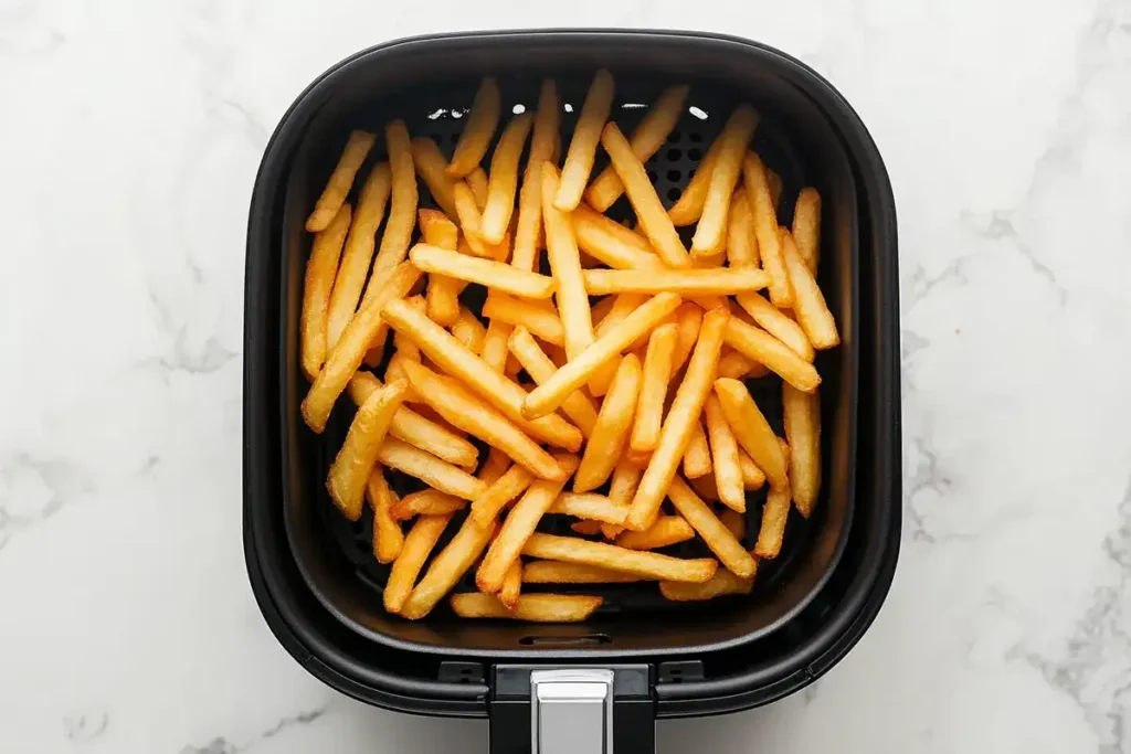 Air fryer basket filled with frozen French fries	