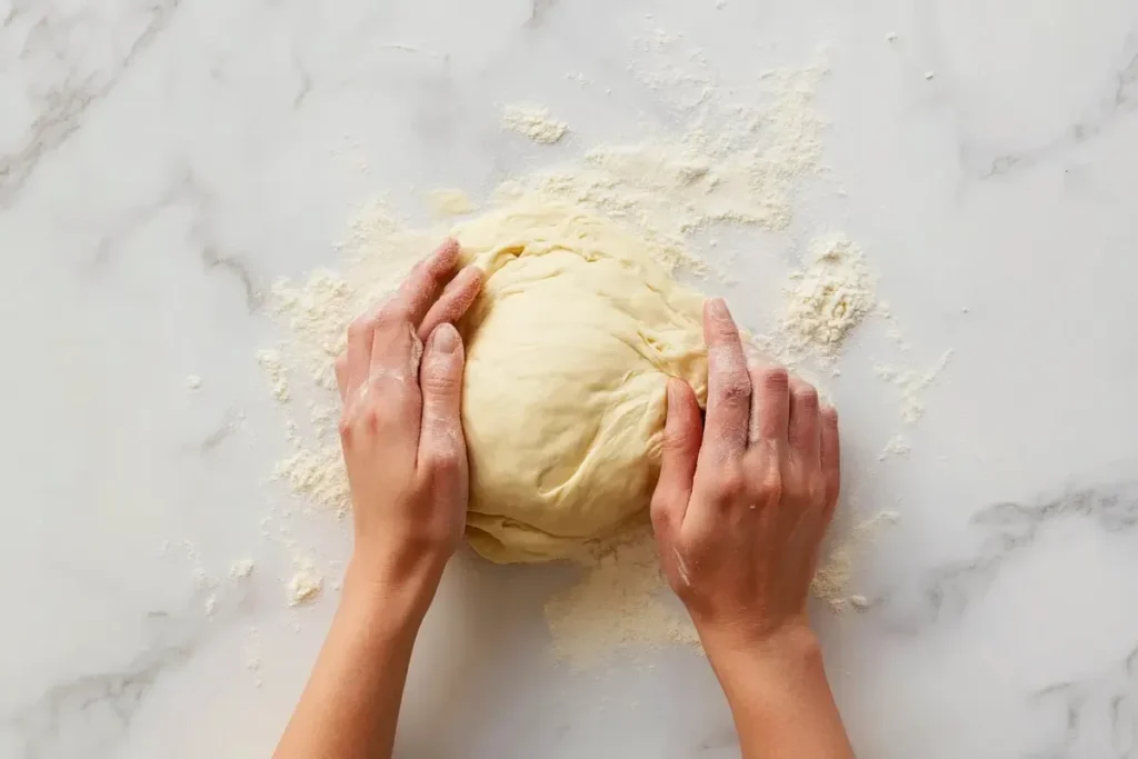 Kneading vanilla creme donut dough on a marble surface.	