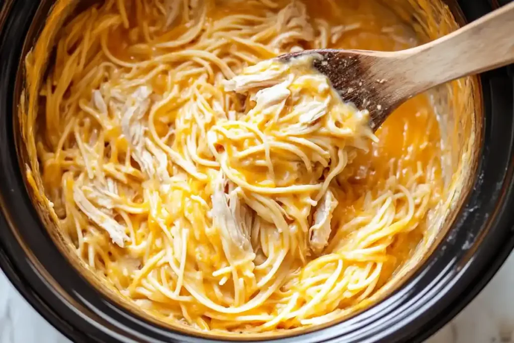 Crockpot with shredded chicken and melted cheese being stirred	