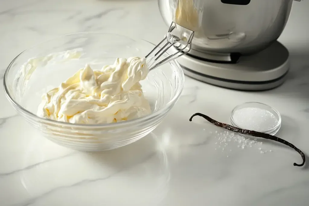 Whipping heavy cream to make crema Chantilly.	