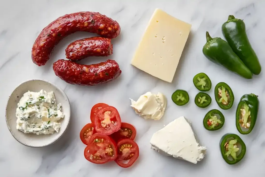 Ingredients for Spicy Chorizo Cheese Dip on a marble countertop.