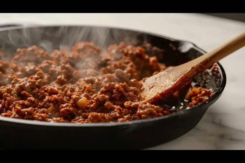 Browning ground beef with garlic and ginger in a black skillet.	