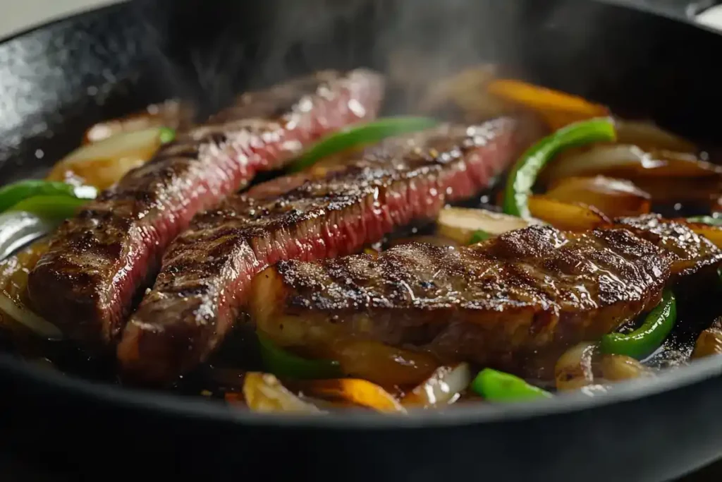 Sizzling sirloin steak with sautéed onions and bell peppers in a skillet.	