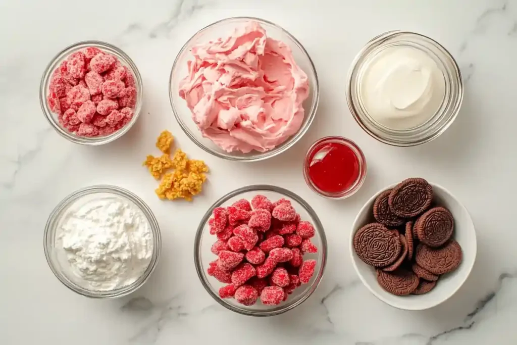 Ingredients for making a strawberry crunch cheesecake on a white marble surface.	