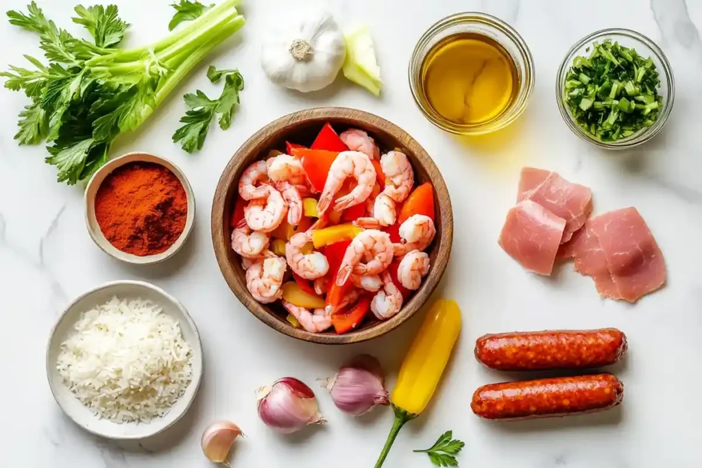 Fresh ingredients for making jambalaya on a white marble surface.	