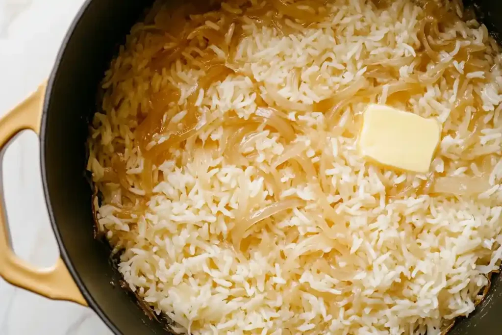 Uncooked French Onion Rice in a Dutch oven	