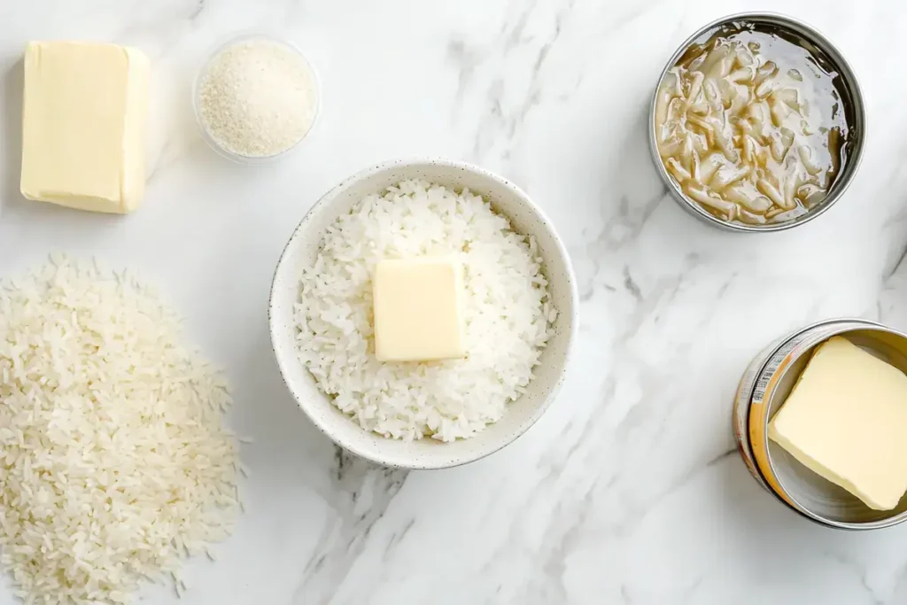 Ingredients for Stick of Butter Rice on a white marble countertop	