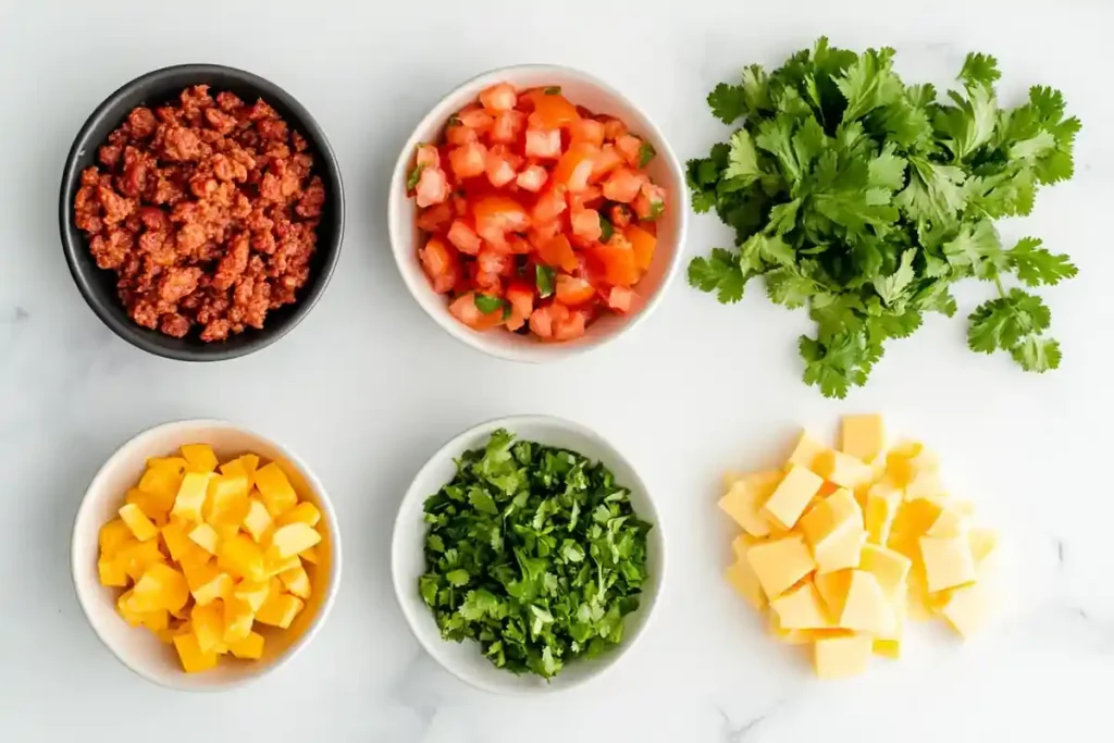 Chorizo Queso Dip ingredients neatly arranged on a white marble countertop	