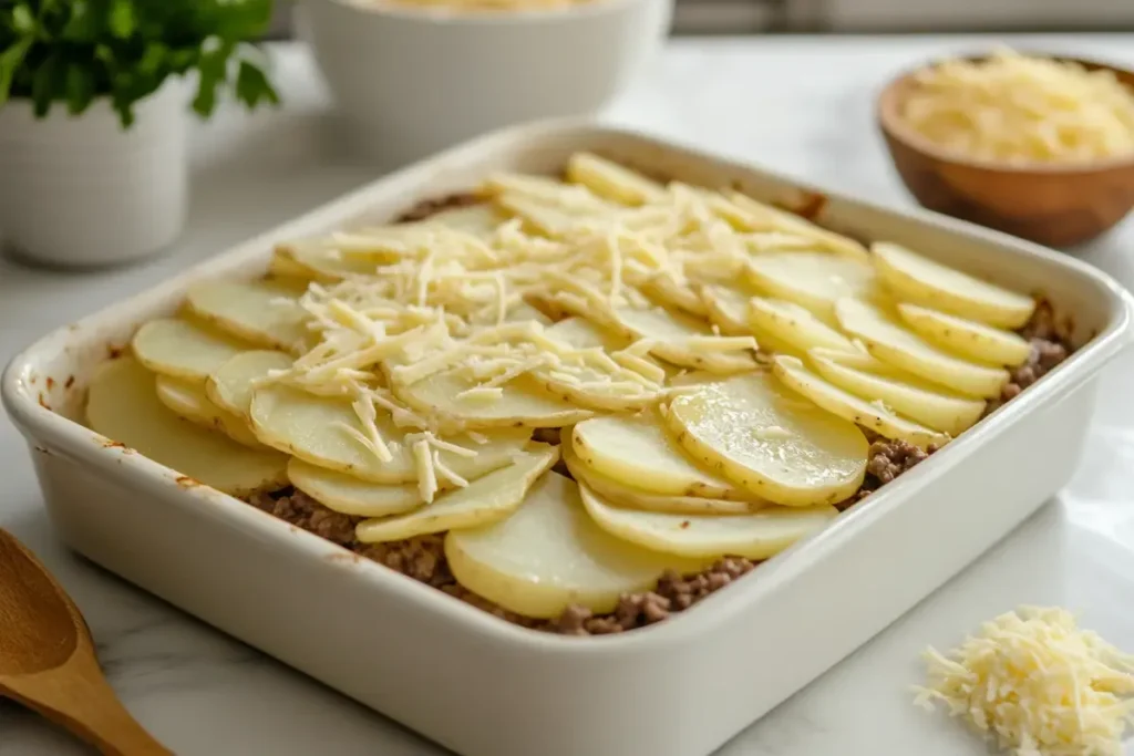 Thinly sliced potatoes being layered with beef and sauce in a baking dish.	