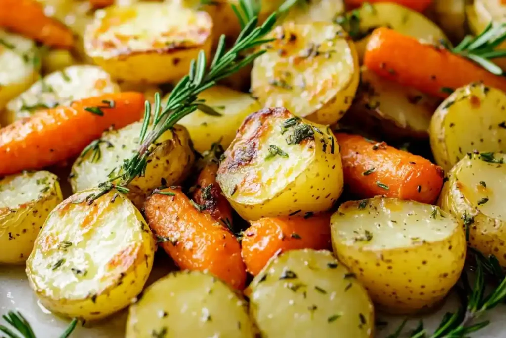 A tray of roasted potatoes, carrots, and zucchini with fresh herbs.	