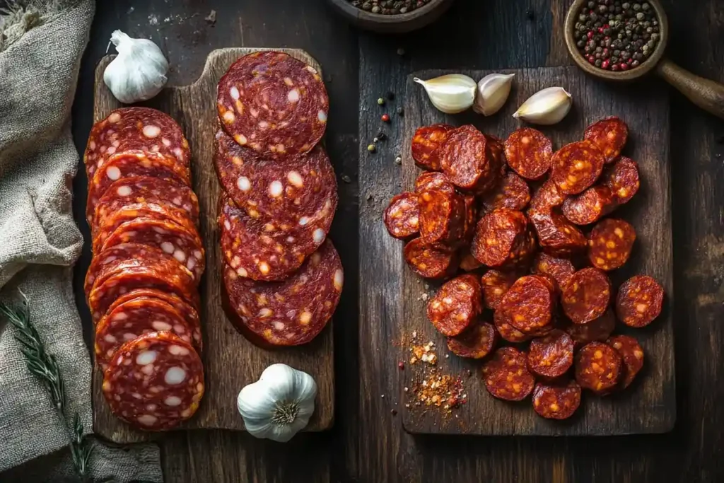 "Spanish vs. Mexican chorizo side by side for making Smoky Chorizo Pasta, displayed on a white marble cutting board."	